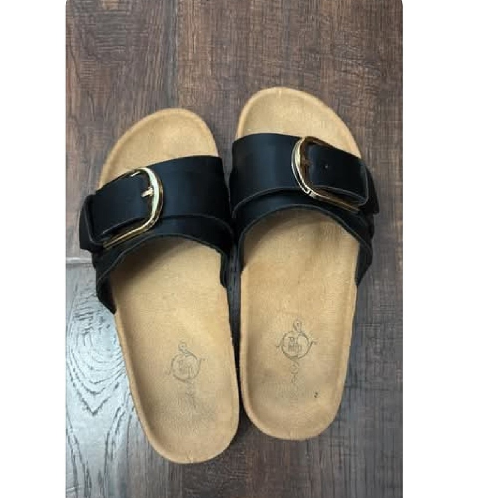 Sole Mates Womens Black Slide Sandals Gold Buckle Cork Footbed Size‎ 8
